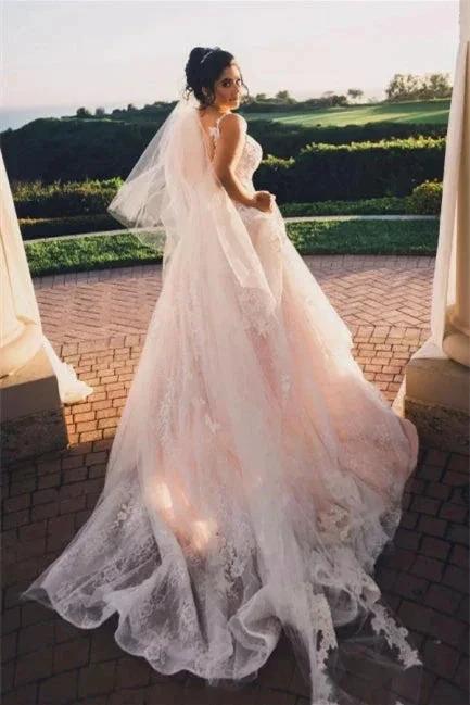 Modern V-neck Sleeveless A-line Wedding Dresses With Lace (ZD14635)