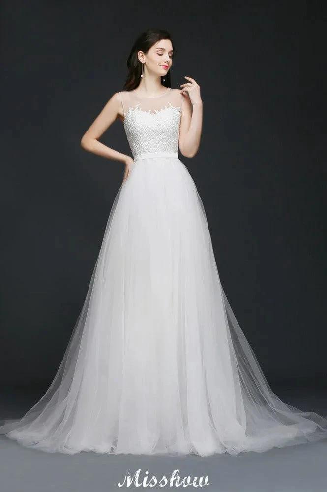 Modest A-line Illusion Lace Wedding Dress (ZD13953) - VelvetHem