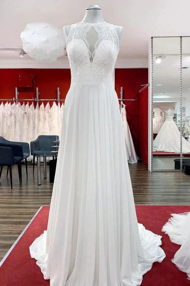 Modest Long A-line Chiffon Jewel Appliques Open Back Wedding Dress (ZD15256)