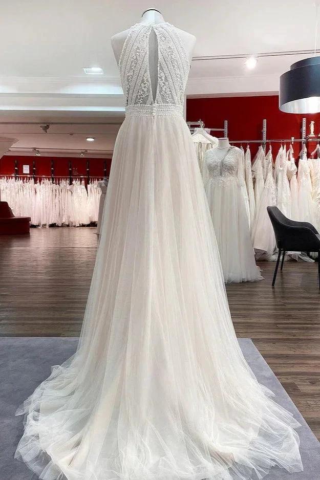 Modest Long A-line Halter Tulle Lace Backless Wedding Dresses (ZD15245)