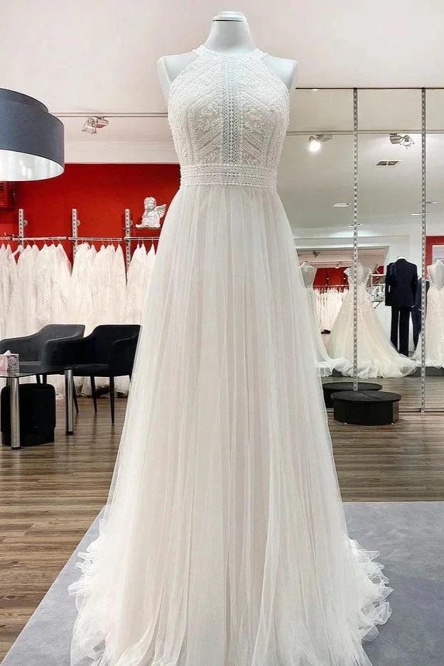 Modest Long A-line Halter Tulle Lace Backless Wedding Dresses (ZD15245) - VelvetHem