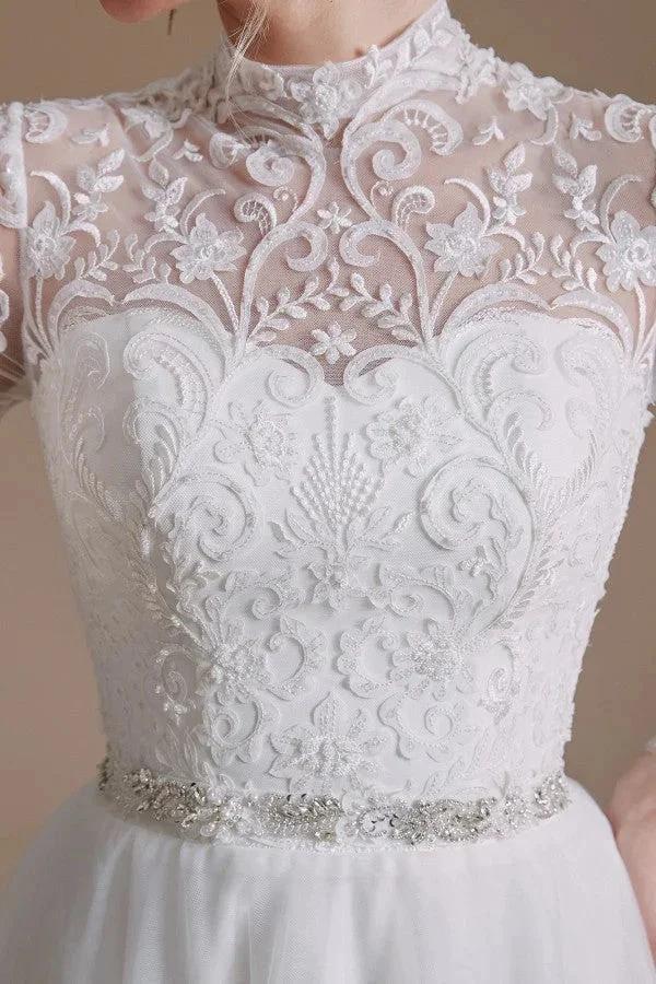 Modest Long A-line High Neck Tulle Lace Wedding Dresses with Sleeves (ZD14353)