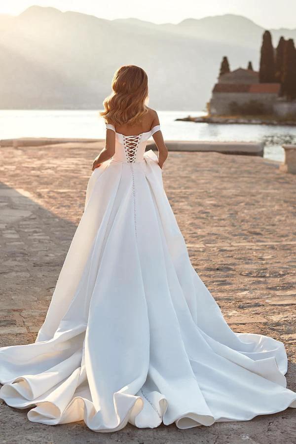 Modest Long A-line off the Shoulder Ruched Satin Wedding Dress with Crystals (ZD16751)