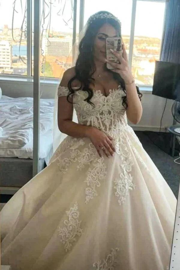 Modest Long A-line Off-the-shoulder Tulle Princess Wedding Dress with Lace (ZD15170) - VelvetHem