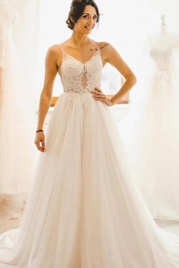 Modest Long A-line Spaghetti Straps Tulle Backless Wedding Dress (ZD15020) - VelvetHem