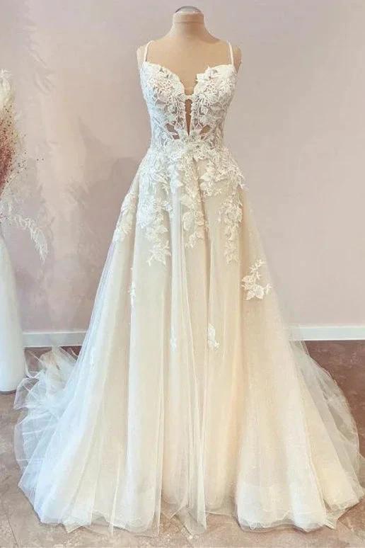 Modest Long A-line Spaghetti Straps Tulle Wedding Dress with Appliques Lace (ZD15161) - VelvetHem