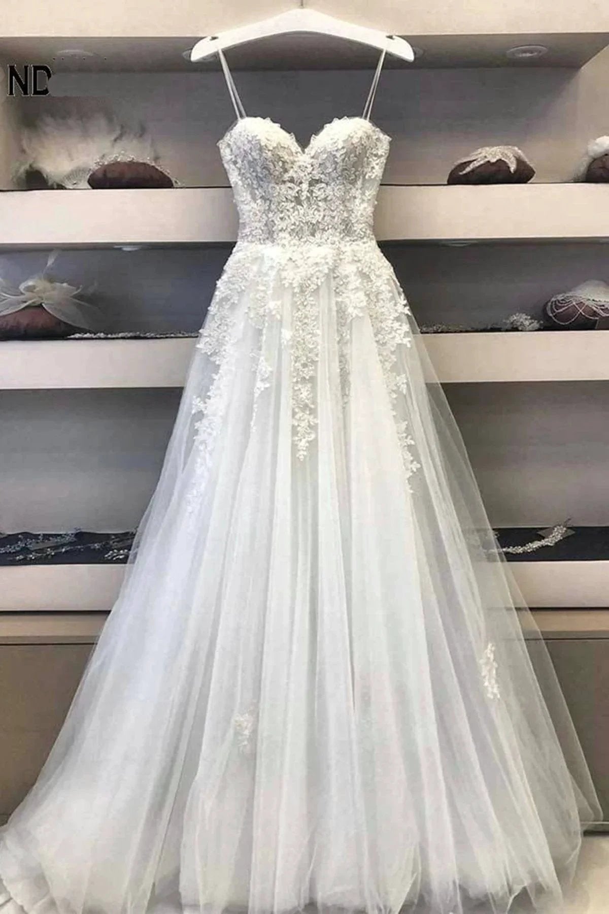 Modest Long A Line Sweetheart Lace Tulle Wedding Dress (ZD14462) - VelvetHem