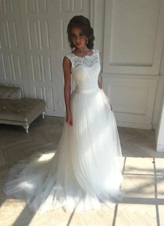 Modest Long A-line Tull Backless Lace Wedding Dress (ZD15777) - VelvetHem