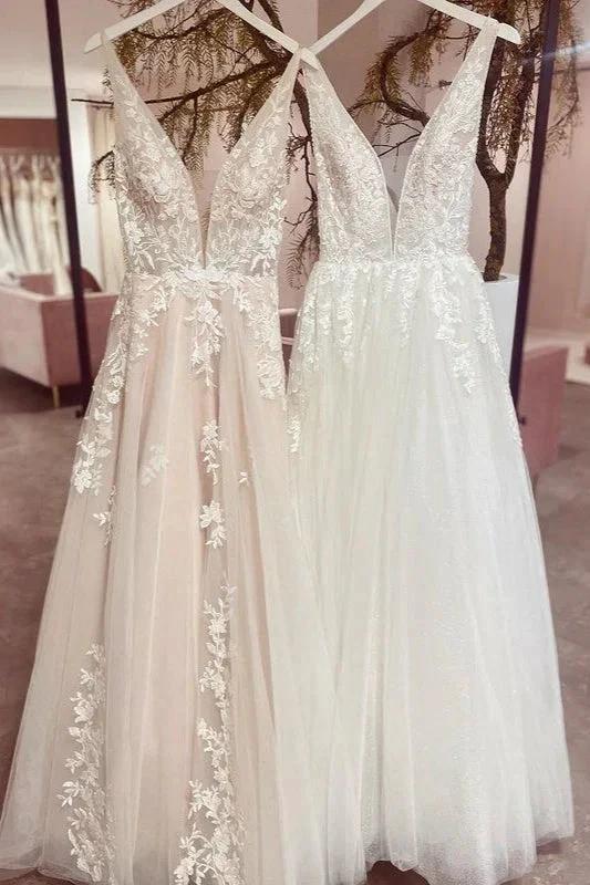 Modest Long A-line V-neck Backless Tulle Lace Wedding Dress (ZD14276)