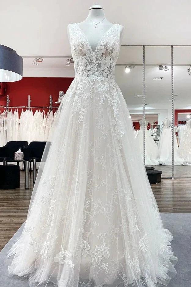 Modest Long A-line V-neck Open Back Tulle Wedding Dress with Appliques Lace (ZD14445)