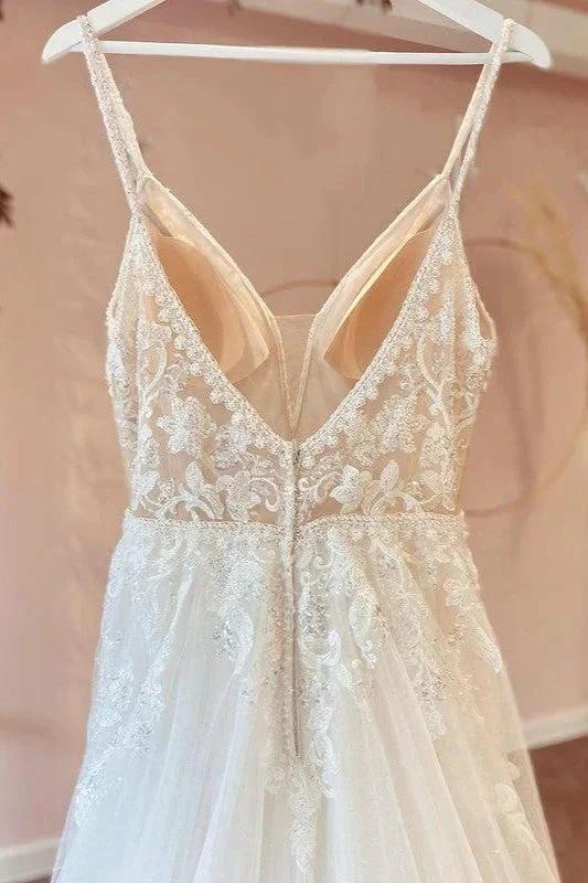 Modest Long A-line V-neck Spaghetti Straps Tulle Wedding Dress with Appliques Lace (ZD14444)