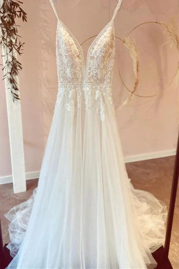Modest Long A-line V-neck Spaghetti Straps Tulle Wedding Dress with Appliques Lace (ZD14444) - VelvetHem