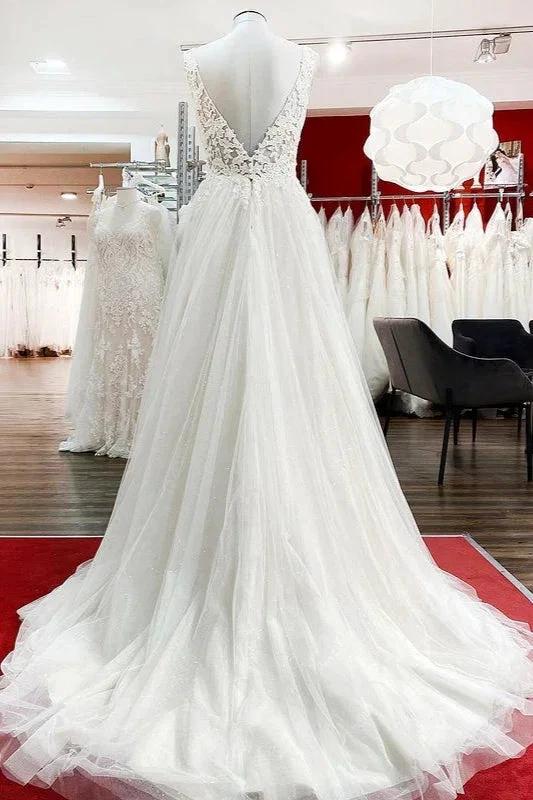 Modest Long A-line V-neck Tulle Ruffles Backless Wedding Dresses With Lace (ZD15263)