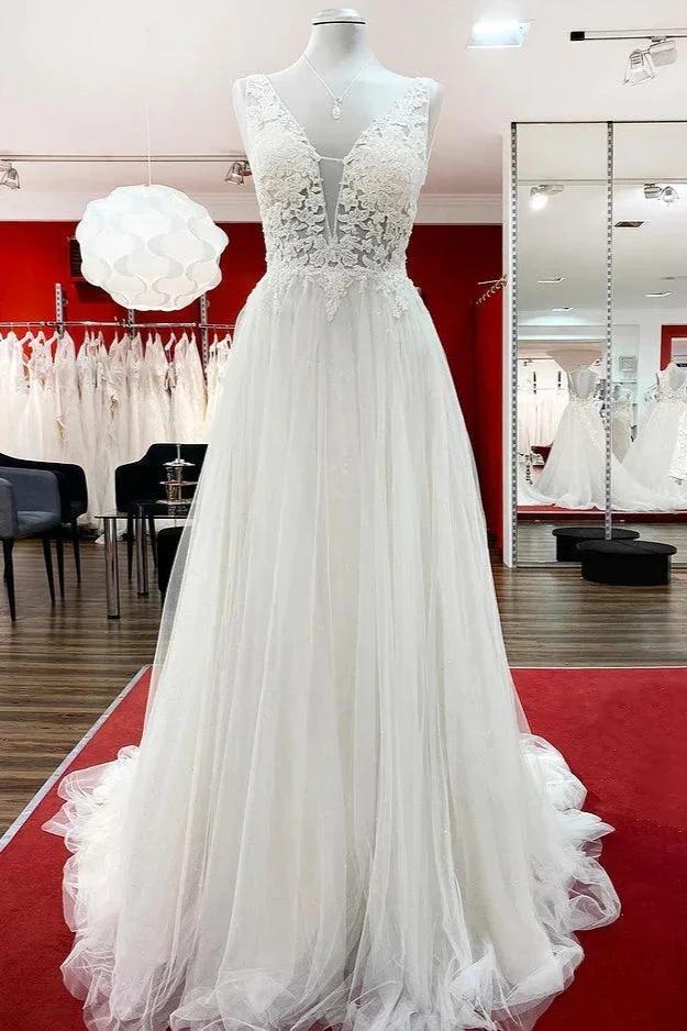 Modest Long A-line V-neck Tulle Ruffles Backless Wedding Dresses With Lace (ZD15263) - VelvetHem