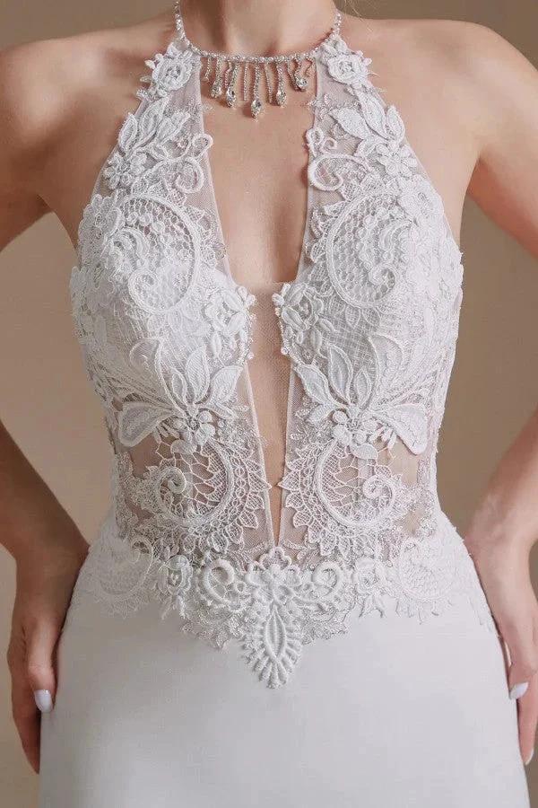 Modest Long Mermaid Halter Backless Satin Wedding Dresses with Appliques Lace (ZD14349)