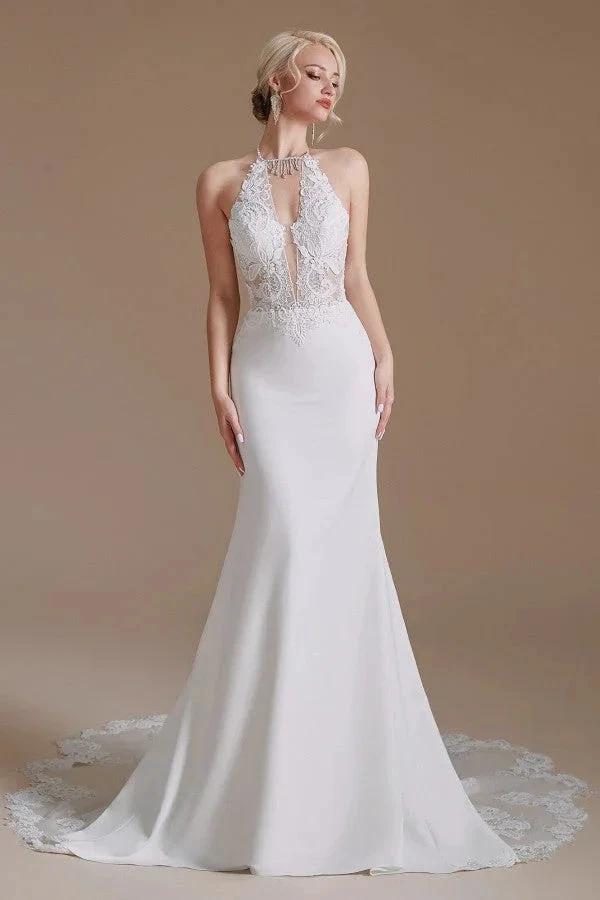 Modest Long Mermaid Halter Backless Satin Wedding Dresses with Appliques Lace (ZD14349)