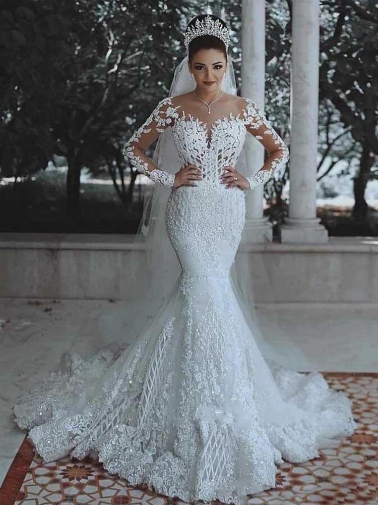 Modest Long Mermaid Lace Appliques Wedding Dresses with Sleeves (ZD15892) - VelvetHem