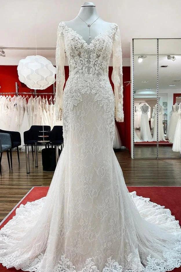 Modest Long Mermaid Sweetheart Tulle Lace Wedding Dress with Sleeves (ZD14442) - VelvetHem
