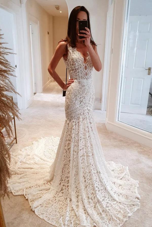 Modest Long Mermaid V-neck Open Back Lace Wedding Dress (ZD15166) - VelvetHem