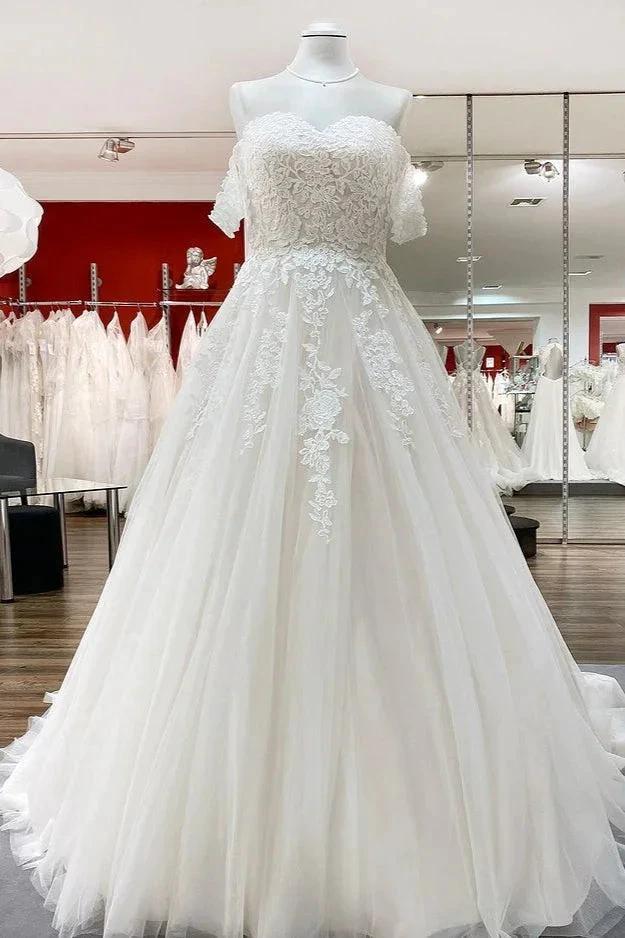Modest Long Princess Off The Shoulder Tulle Lace Wedding Dress (ZD15253) - VelvetHem