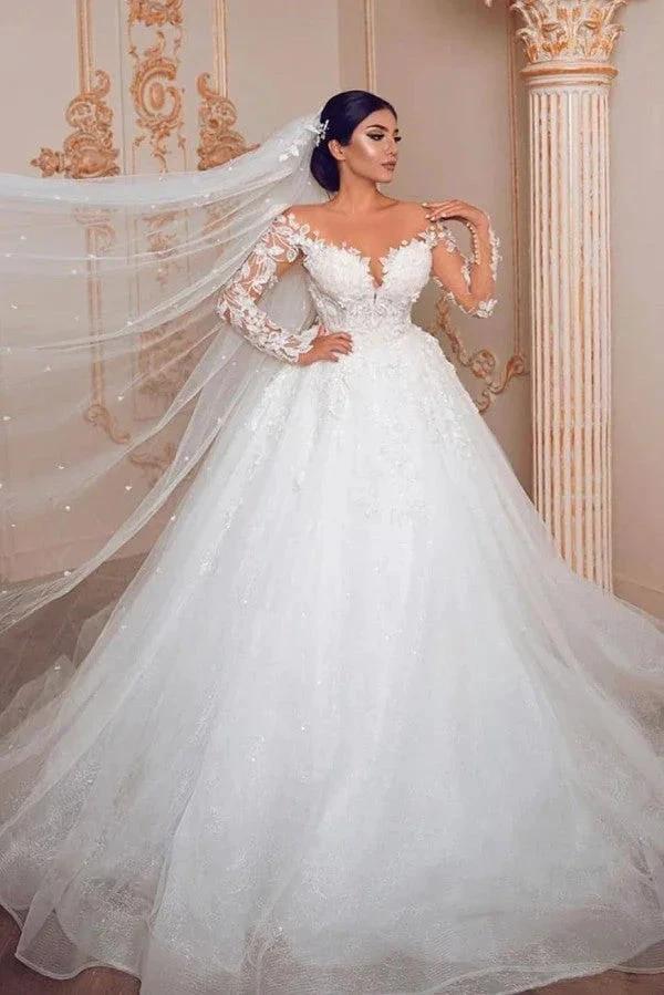 Modest Long Princess Tulle Lace Wedding Dress with Sleeves (ZD15143) - VelvetHem