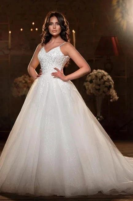 Modest Spaghetti Strap Sleevesless A-Line Floor-Length Tulle Wedding Dresses with Applique (ZD14669) - VelvetHem