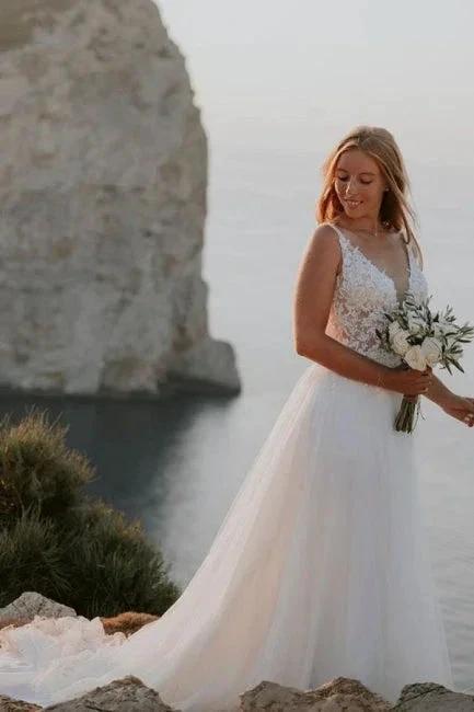 Modest Straps Sleeveless Column Floor-Length Tulle Wedding Dresses with Appliques (ZD14654) - VelvetHem