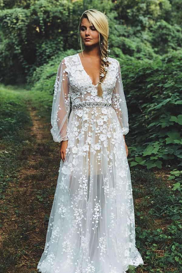 Modest V-neck White Lace Long Sleeves Wedding Dress with Beading (ZD16027) - VelvetHem