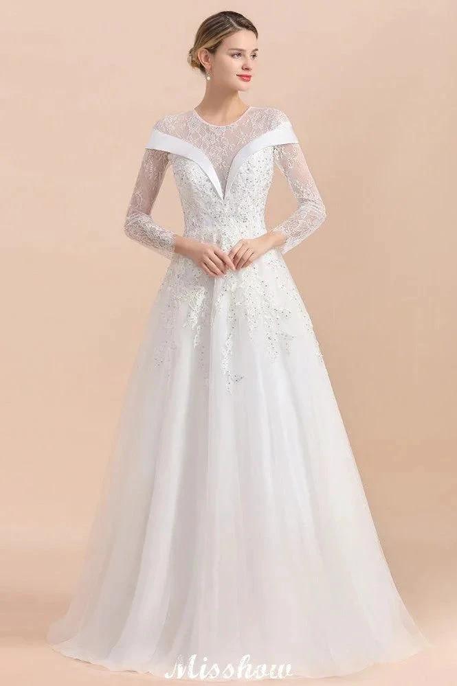 Modest White Beaded Appliques Wedding Dress Long Sleeve Floor Length Ball Gown (ZD13987)