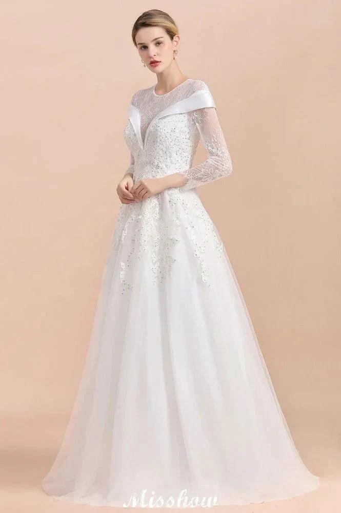 Modest White Beaded Appliques Wedding Dress Long Sleeve Floor Length Ball Gown (ZD13987)