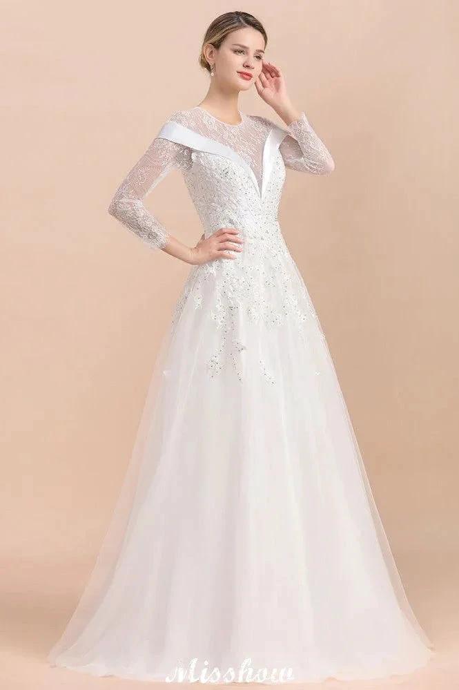Modest White Beaded Appliques Wedding Dress Long Sleeve Floor Length Ball Gown (ZD13987)