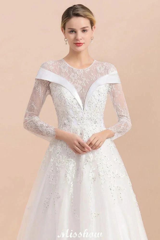 Modest White Beaded Appliques Wedding Dress Long Sleeve Floor Length Ball Gown (ZD13987)