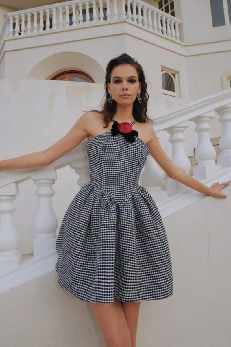 Harriet Elevated a Line Mini Dress with Houndstooth Rose Bow Trim Chic Silhouette Collection