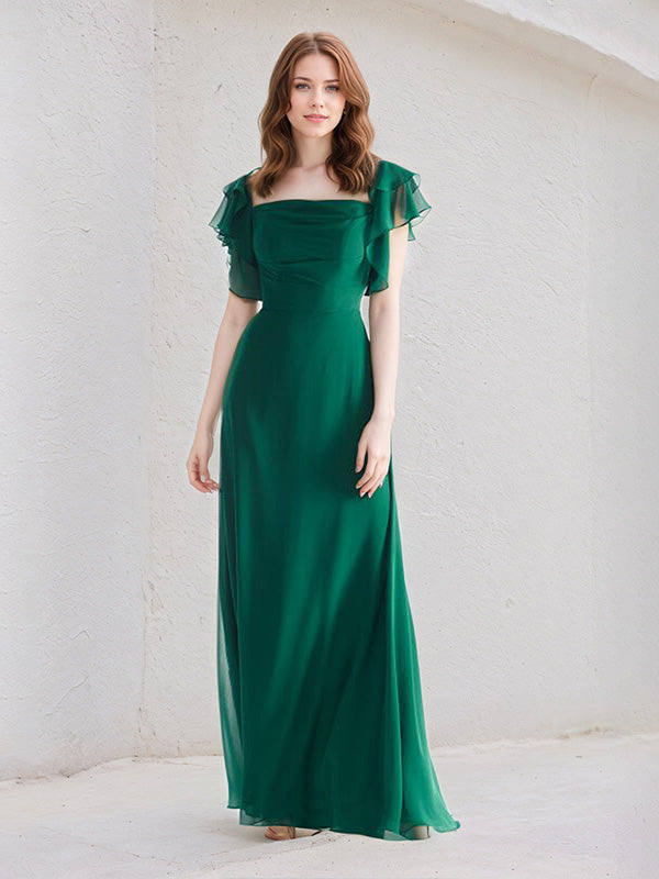 A Line Dark Green Chiffon Square Neck Floor Length Dress With Ruffle Sleeves - VelvetHem