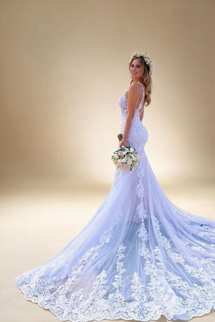 Beautiful Mermaid Tulle Spaghetti Straps Lace Appliques Wedding Dress