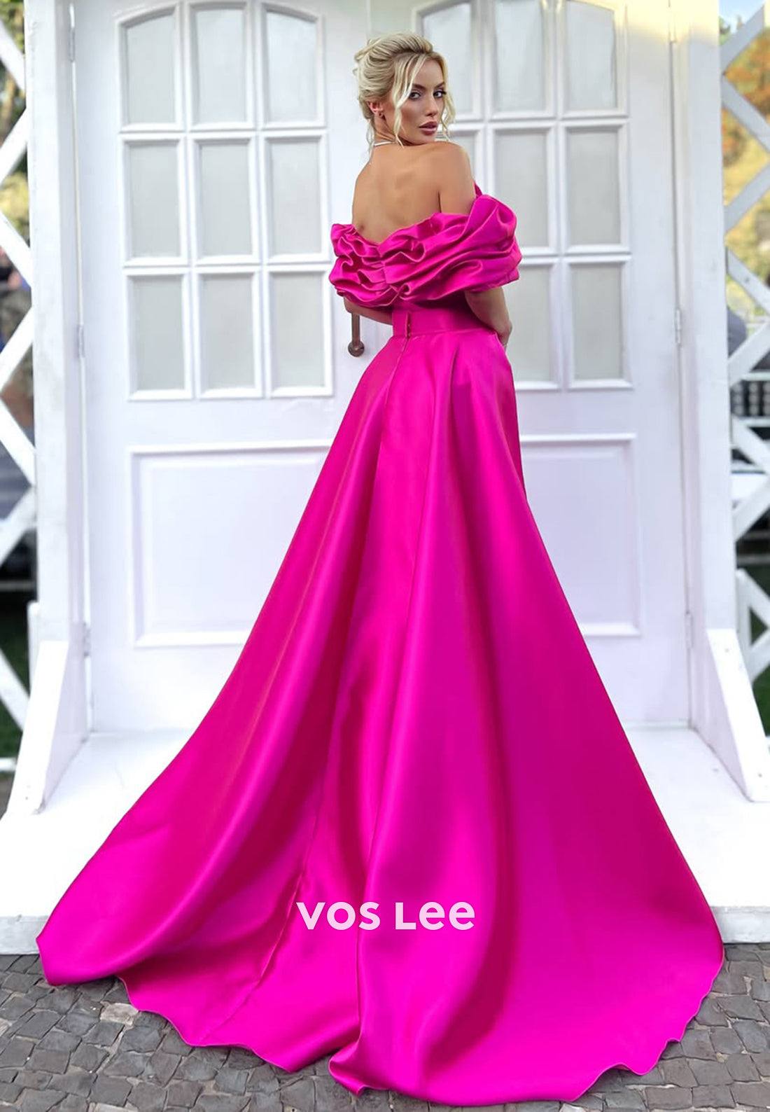 Chic Ruched Off-Shoulder A-Line Solid Fuchsia Evening Dress Formal Party Guest Gown - View 2 | VelvetHem