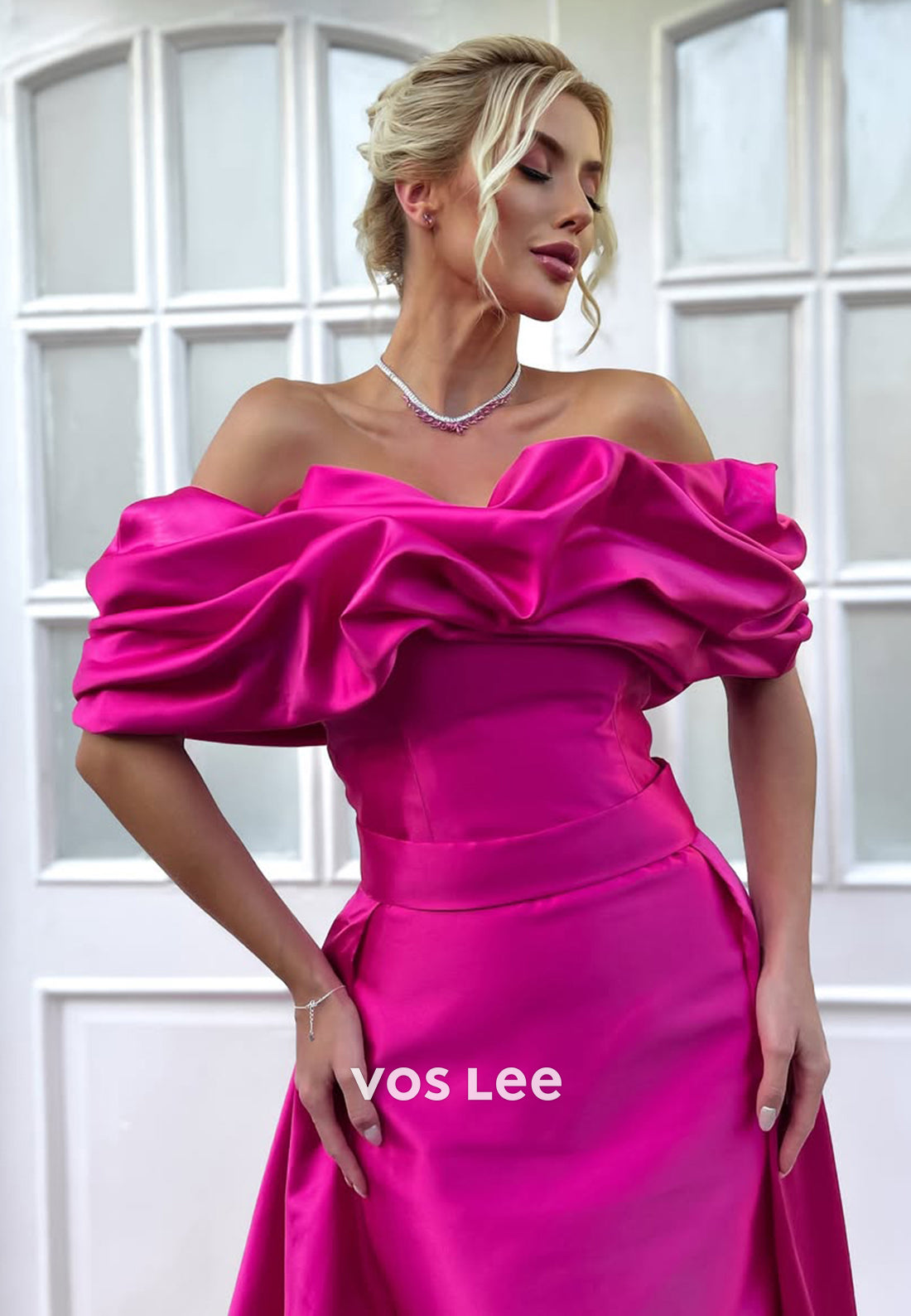 Chic Ruched Off-Shoulder A-Line Solid Fuchsia Evening Dress Formal Party Guest Gown - View 3 | VelvetHem