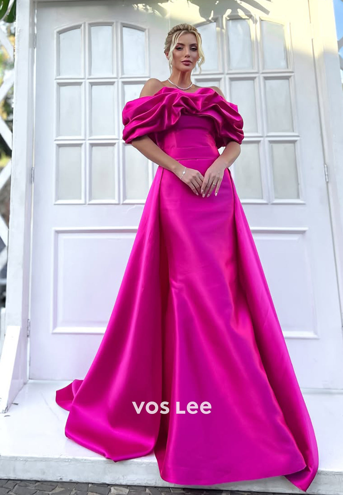 Chic Ruched Off-Shoulder A-Line Solid Fuchsia Evening Dress Formal Party Guest Gown - VelvetHem