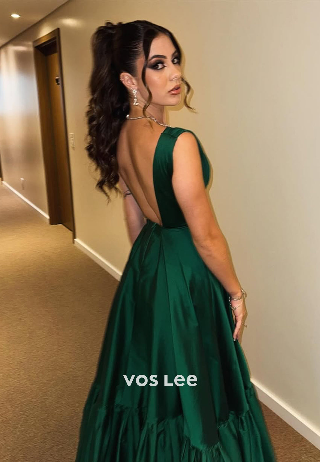 Sexy V-Neck Dark Green Solid A-Line Slit Evening Dress Formal Party Guest Gown - View 2 | VelvetHem