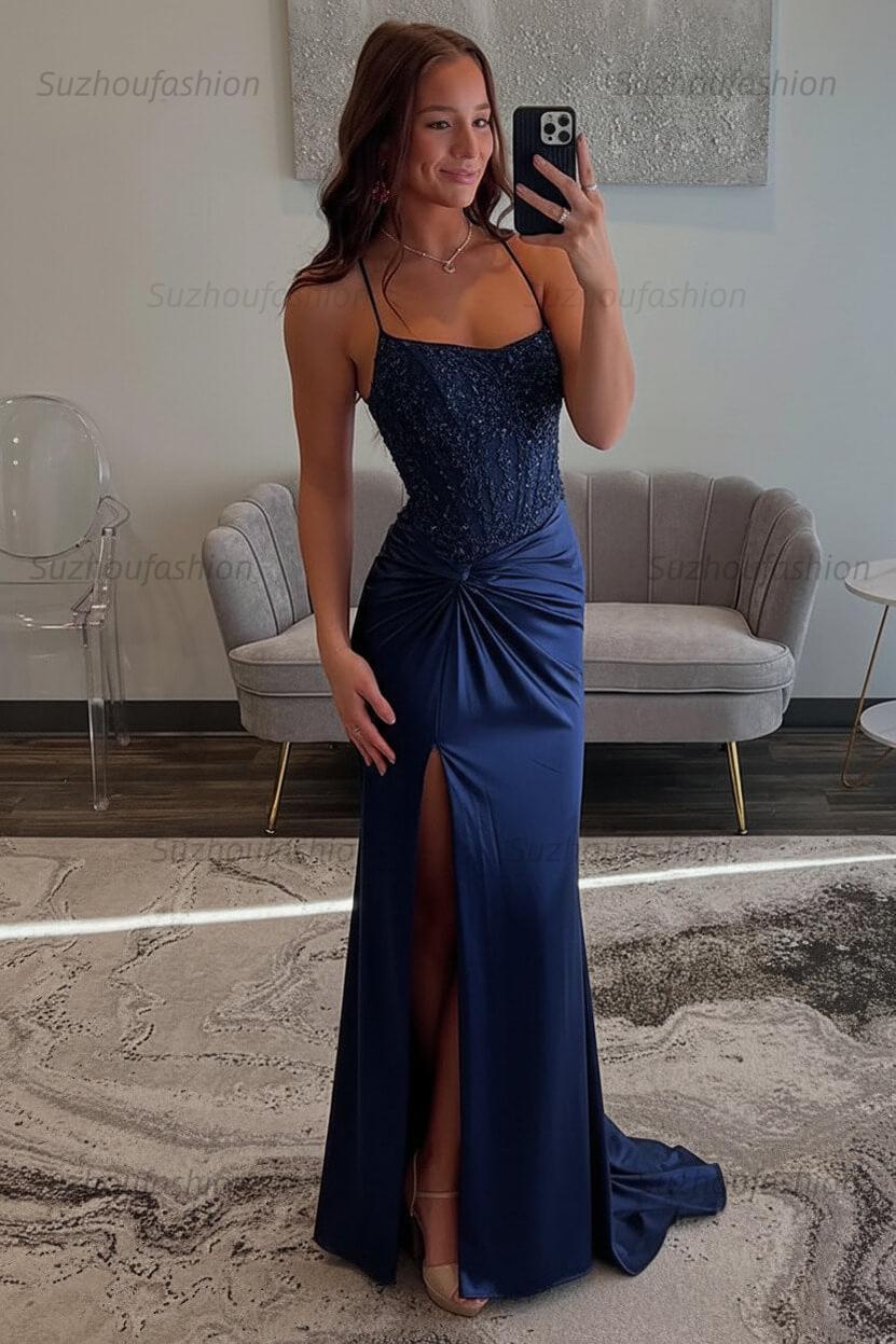 Red Prom Dress Spaghetti Straps Ruhed Long Lace Formal Dress With Appliques