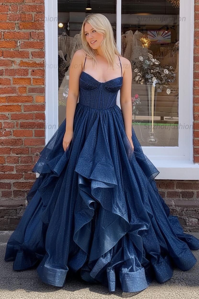 Dark Green A Line Long Corset Prom Dress With Ruffles