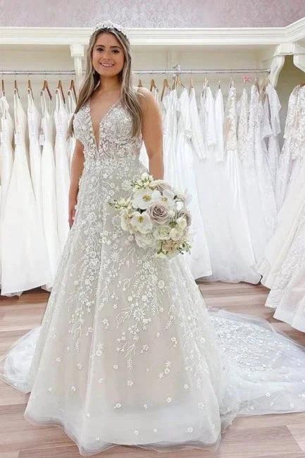 Nectarean V-Neck Sleeveless A-Line Floor-Length Lace Wedding Dresses with Chapel Train (ZD14670) - VelvetHem