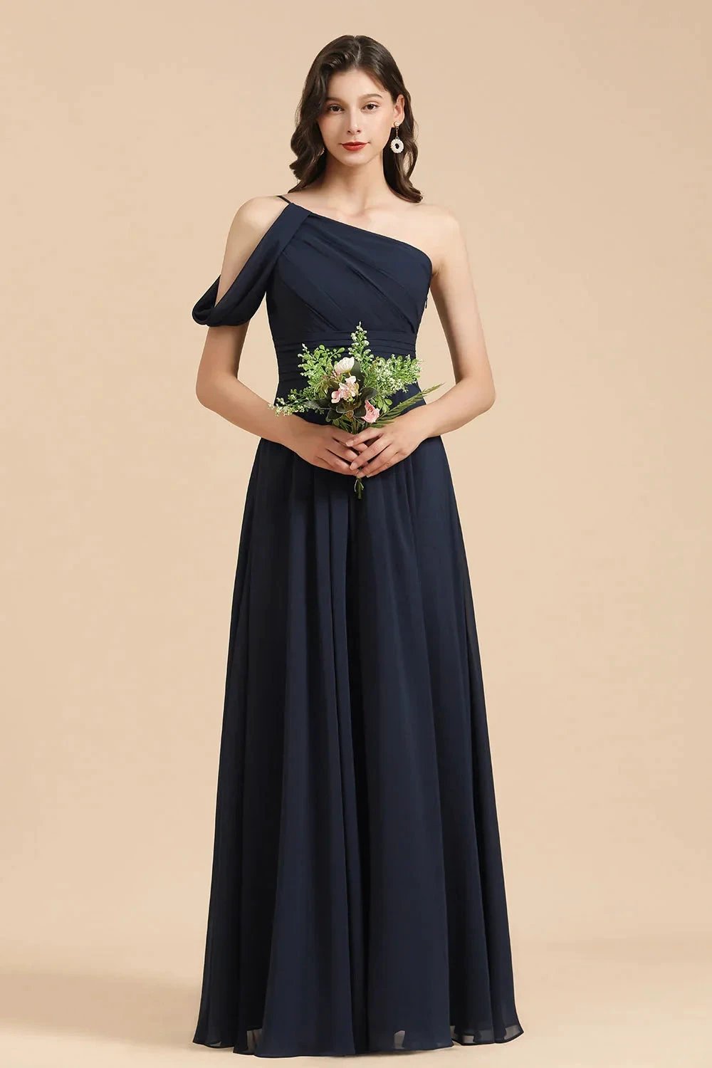 New Arrival Black One Shoulder A-line Long Bridesmaid Dress (ZD12877) - VelvetHem