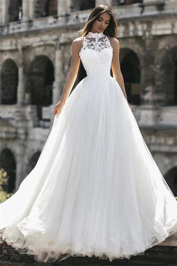 New Arrival High Neck Sleeveless Appliques Wedding Dress (ZD13844) - VelvetHem