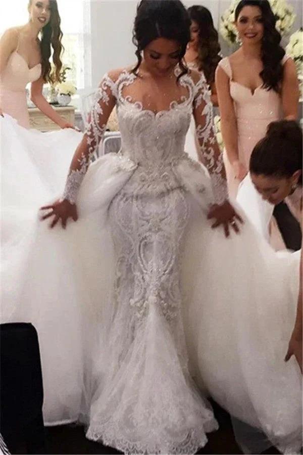 New Arrival Long Sleeves Sheath Wedding Dress s Bridal Wears with Detachable Train (ZD16436) - VelvetHem