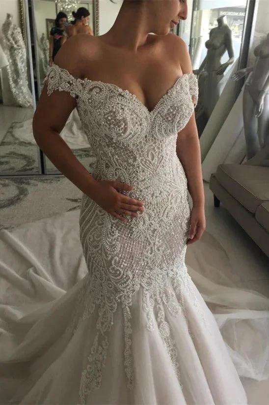 New Arrival Off-the-Shoulder Sweetheart Pearl Mermaid Chapel Train Wedding Dress (ZD16590) - VelvetHem