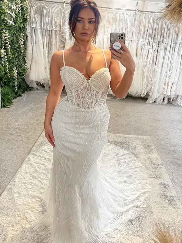 Spaghetti Straps Beaded Lace Sweetheart Mermaid Wedding Dress With Train - VelvetHem