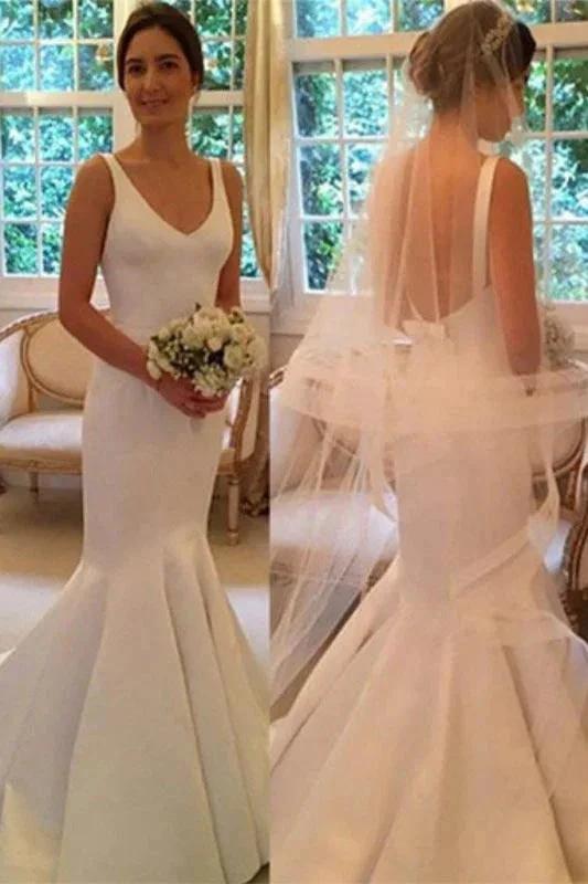 Newest Pretty Mermaid V-neck Sleeveless Simple Backless Elegant Wedding Dresses (ZD14725) - VelvetHem