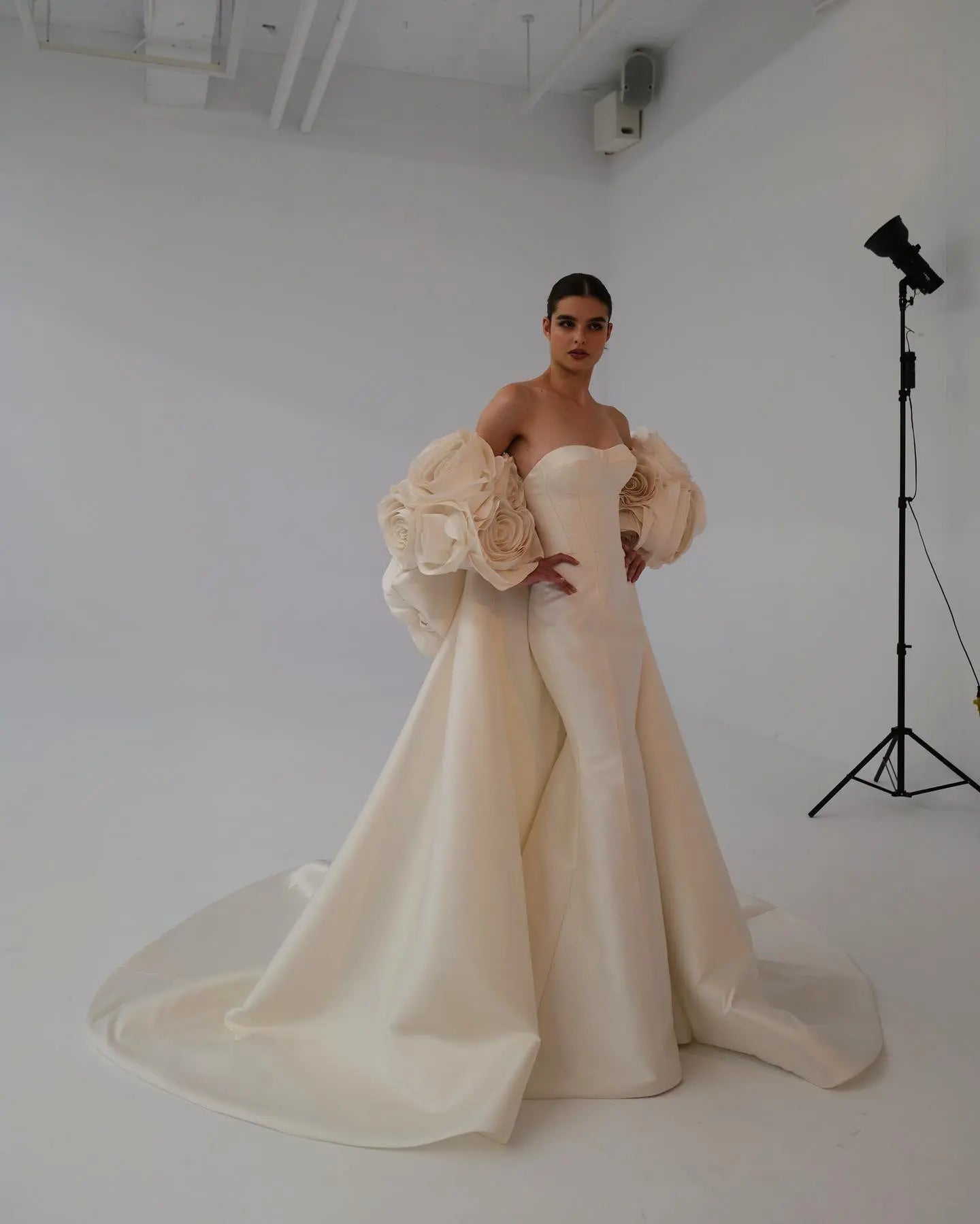 Ivory Satin Mermaid Wedding Dress 3D Giant Rose Floral With Veil ZP034