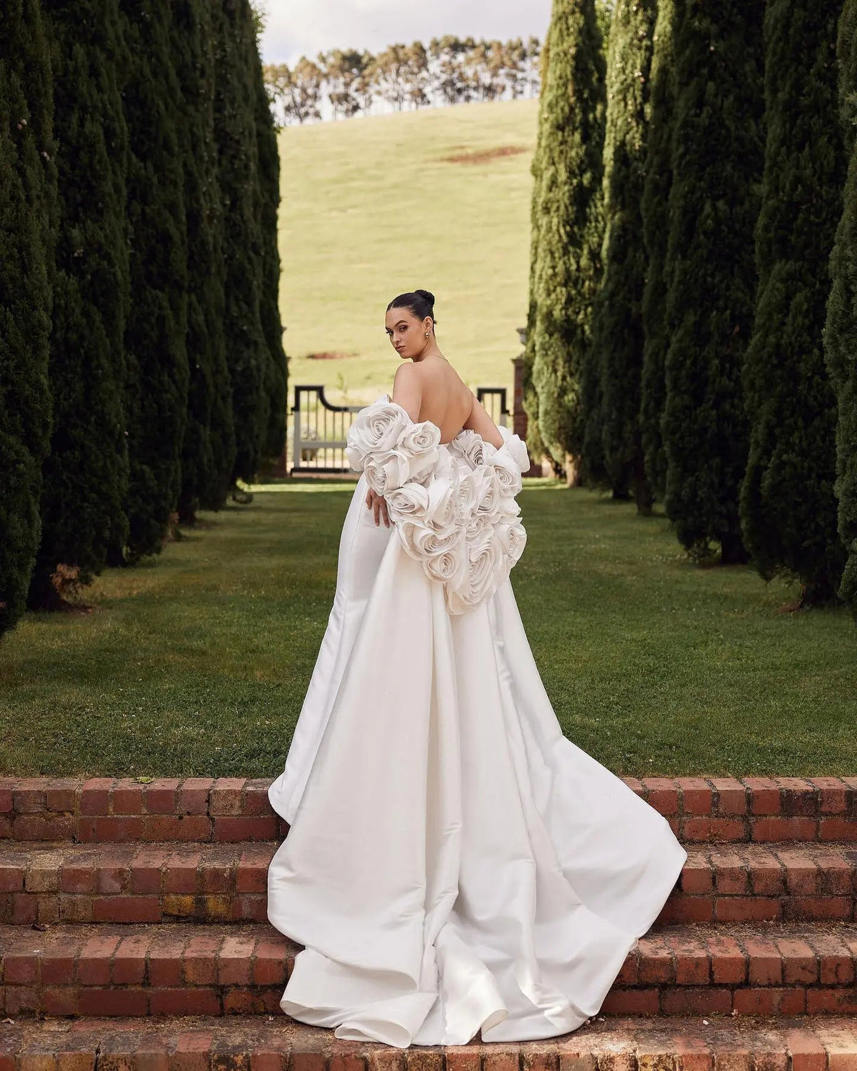 Ivory Satin Mermaid Wedding Dress 3D Giant Rose Floral With Veil ZP034